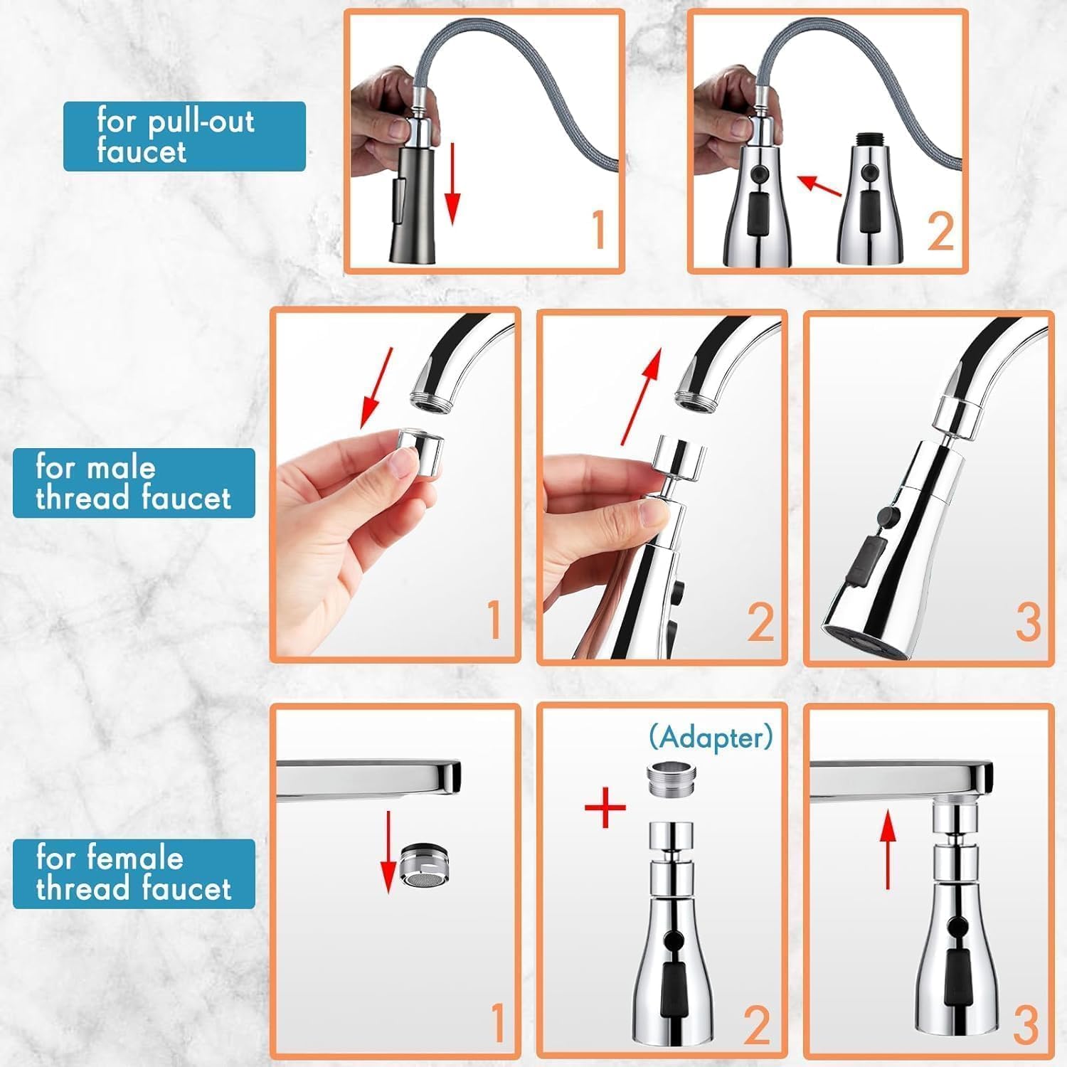 3 in 1 Kitchen Faucet Spray Head Extender - 360° Swivel Spout